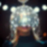 A stunning disco ball headpiece glimmering under bright lights