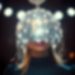 A stunning disco ball headpiece glimmering under bright lights