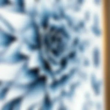 Close-up of intricate blue floral details in framed art