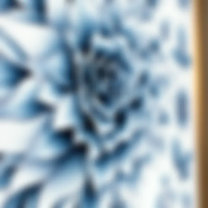 Close-up of intricate blue floral details in framed art