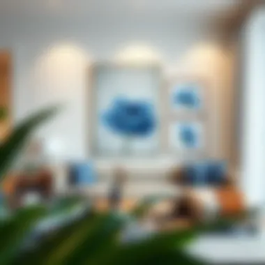 Living space with stylish blue floral framed wall art