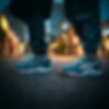 An urban setting featuring individuals wearing trendy running shoes as part of their outfit.