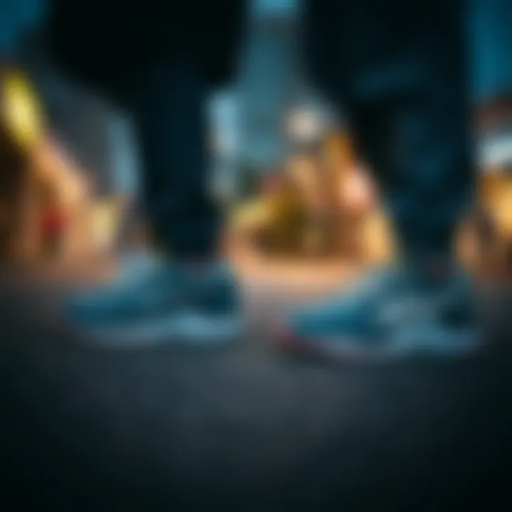 An urban setting featuring individuals wearing trendy running shoes as part of their outfit.