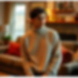 A classic turtleneck ribbed sweater showcased in a cozy living room setting, highlighting its versatility.