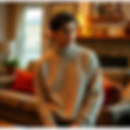 A classic turtleneck ribbed sweater showcased in a cozy living room setting, highlighting its versatility.