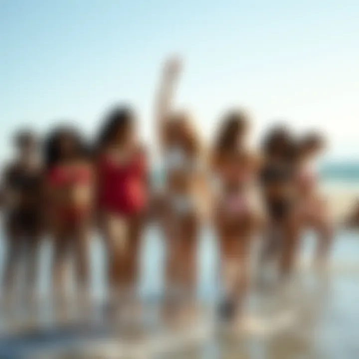 Celebrating Diversity: Body Positivity in High-Waisted Swimwear A diverse group enjoying the beach, all wearing high-waisted swimwear celebrating body positivity.