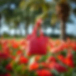 A stylish flamingo reusable bag displayed in a vibrant outdoor setting