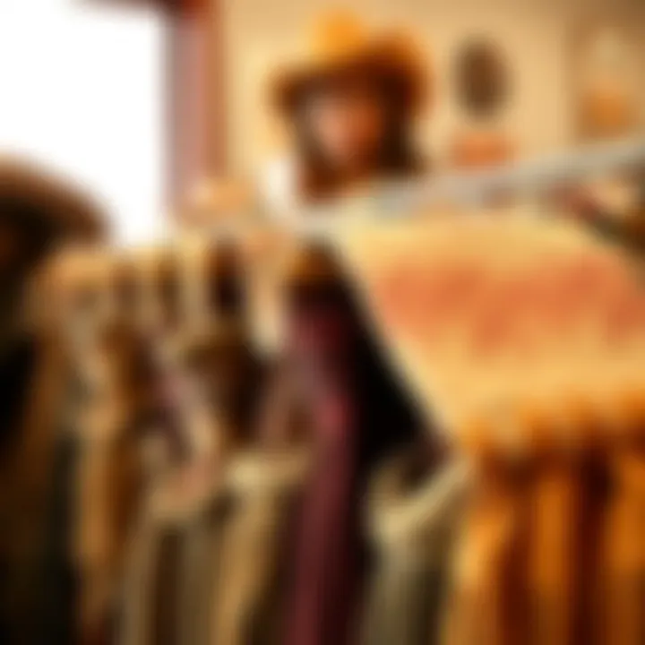 A creative display of fabric choices emphasizing texture and color in glam cowgirl style