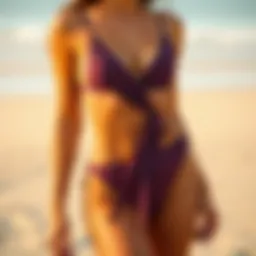 Elegant halter wrap bathing suit showcased on a sandy beach