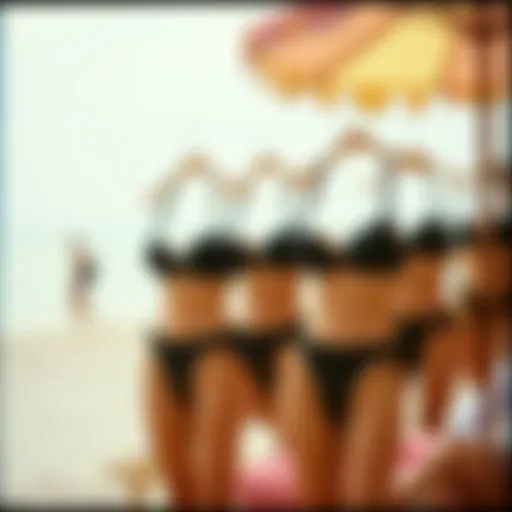Elegant display of high cut thong bathing suits on a beach setting