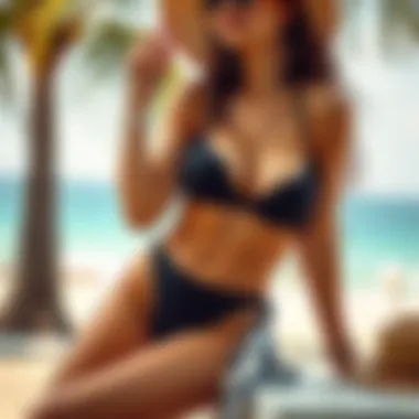 Chic Ensemble Featuring High Cut Thong Bathing Suit A chic ensemble featuring high cut thong bathing suit styled with accessories