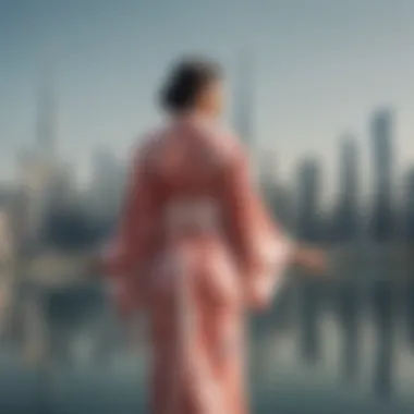 Elegant kimono draping against a backdrop of Dubai's skyline