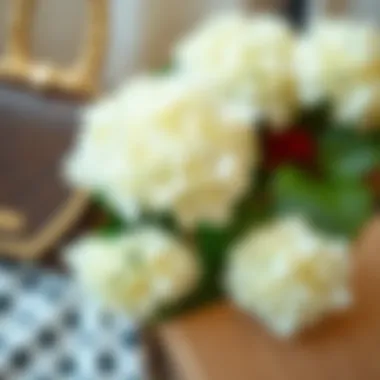 Fashion accessories adorned with faux white hydrangeas, enhancing style