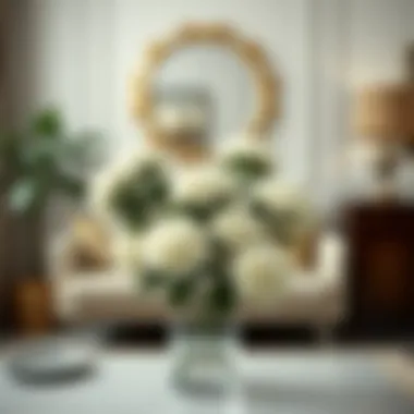 A chic interior space featuring faux white hydrangeas as a centerpiece