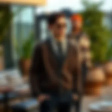 A chic outdoor setting showcasing layered outfits featuring a leopard cardigan