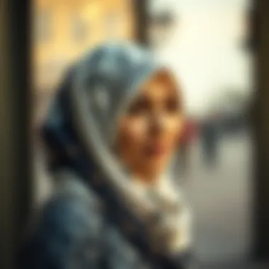 Elegant Thick Hijab with Intricate Patterns A thick hijab styled elegantly with intricate patterns