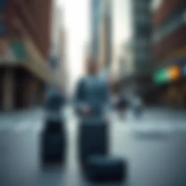 A traveler using a multifunctional suitcase in a cityscape