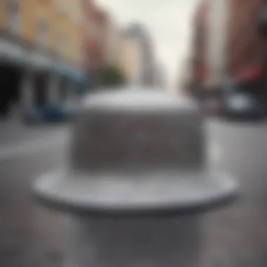 A fashionable rhinestone bucket hat set against a vibrant urban backdrop.