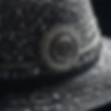 Close-up of rhinestones on a bucket hat, showcasing intricate details.