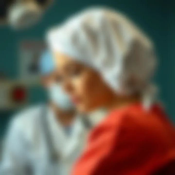 A nurse wearing a hair bonnet while attending to a patient
