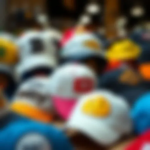 A collection of eccentric funny baseball hats displayed creatively