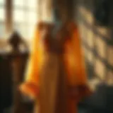 Elegant vintage long sleeve dress displayed in a sunlit room