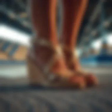 Elegant corkscrew wedge sandals displayed on a textured surface