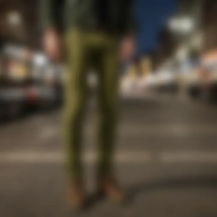 Olive green skinny jeans styled for a night out