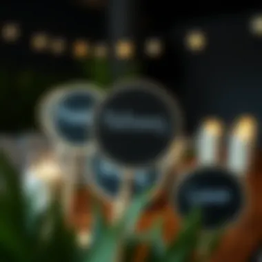 Creative Event Decor with Labels Round chalkboard labels used for event decor, showcasing creativity