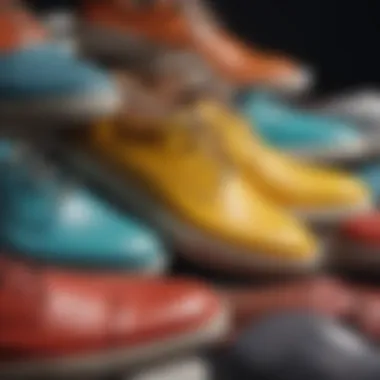 Close-up of different materials used in solid color shoes