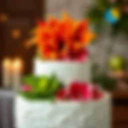 Exquisite tropical wedding cake topper featuring vibrant floral designs