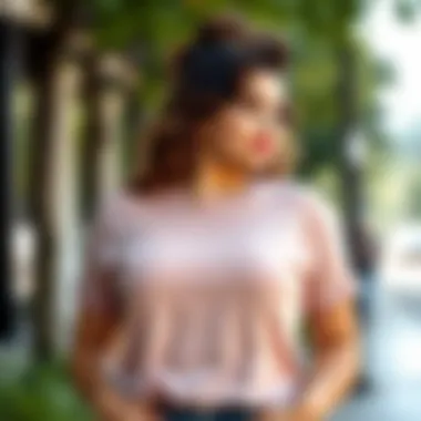 A curvy model confidently wearing a stylish t-shirt in an outdoor setting.