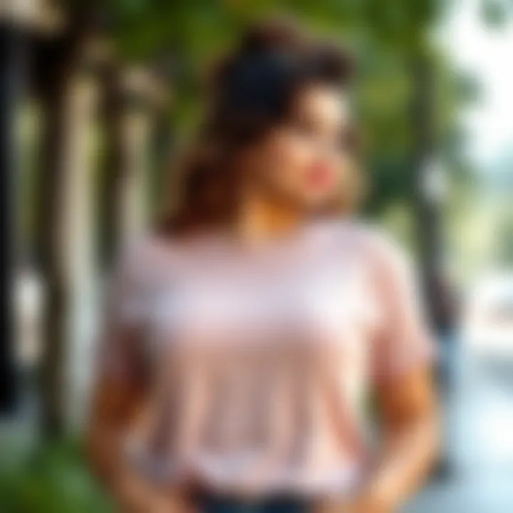 A curvy model confidently wearing a stylish t-shirt in an outdoor setting.