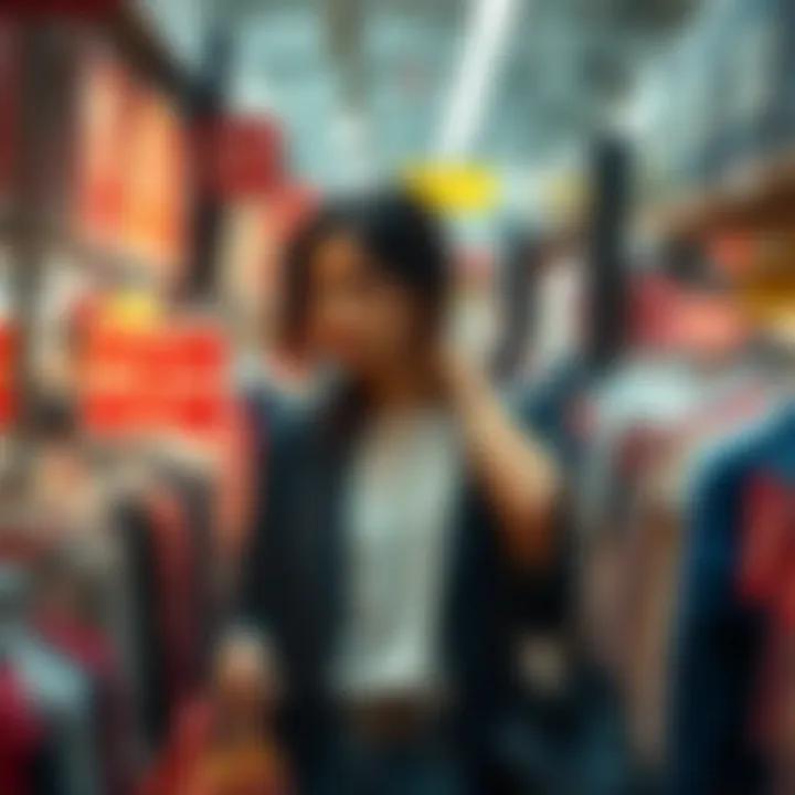 A shopper navigating through a sea of discount labels