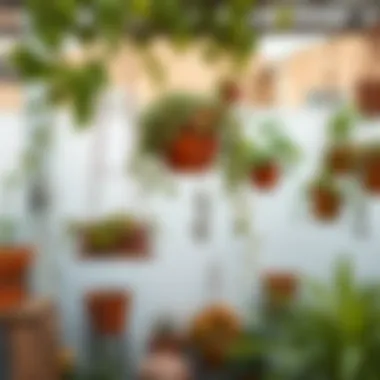 Outdoor garden showcasing various plants suspended by stylish screw hooks