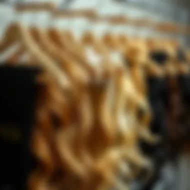 Neatly Arranged Wig Collection on Hangers Organized wig collection on multiple hangers