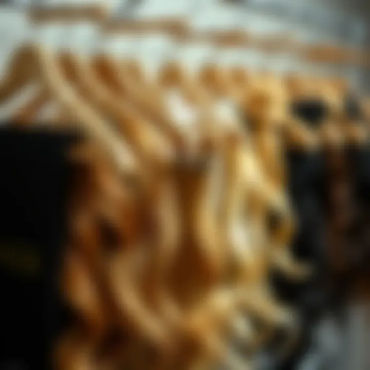 Neatly Arranged Wig Collection on Hangers Organized wig collection on multiple hangers