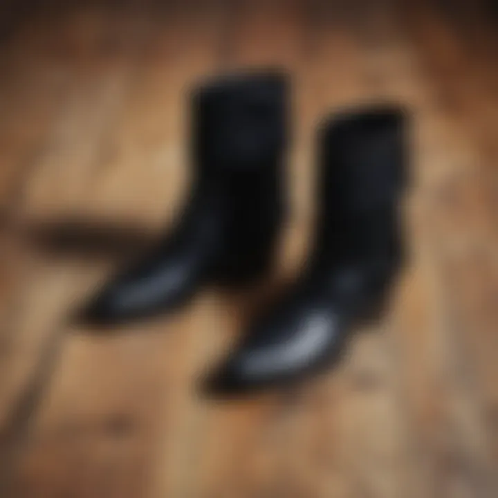 Elegant pair of black fringe boots on a rustic wooden floor